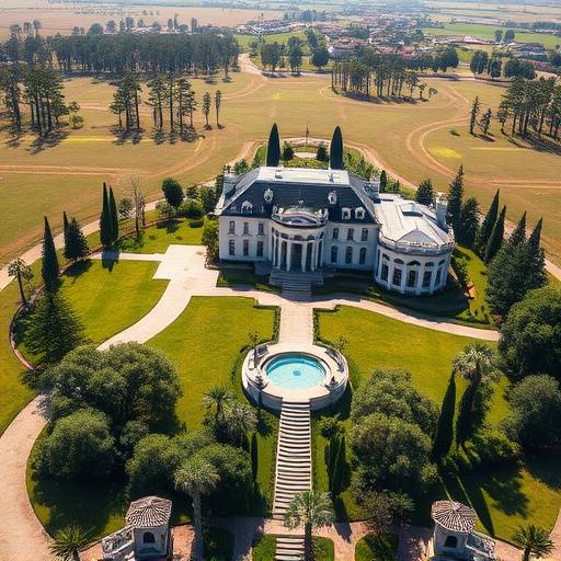 Aerial shot of a luxury real estate property, showcasing its expansive grounds and stunning architecture