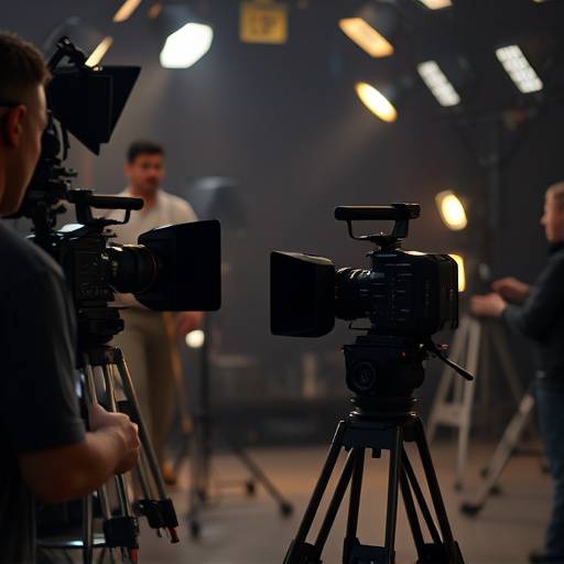 Behind the scenes shot of a film production, showing camera equipment and lighting setup for the short film 'Echoes of Yesterday'