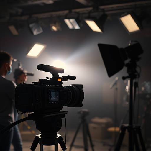 Behind the scenes shot of a film production, showing camera equipment and lighting setup