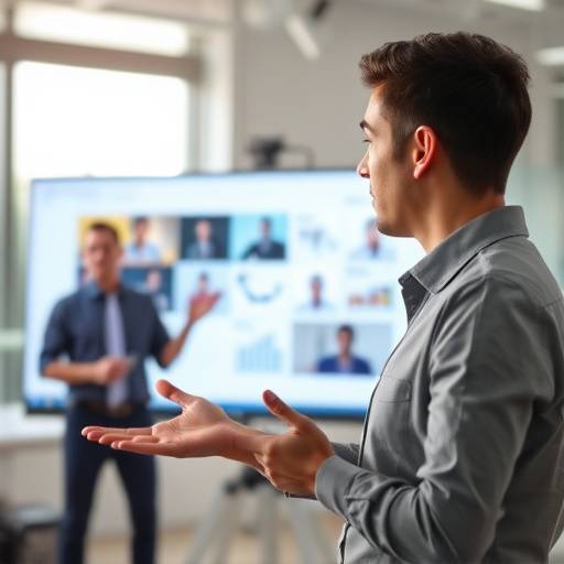 Scene from a corporate training video, showing an employee giving a presentation on company strategy