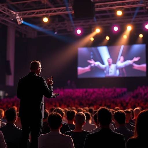 Screenshot of a livestreaming event, showing a speaker on stage