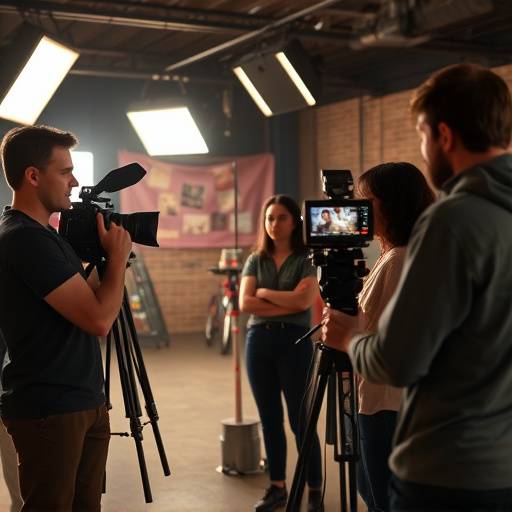 Still from a commercial shoot, showing actors and crew on set