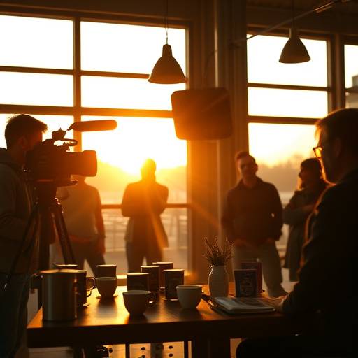 Still from a commercial shoot, showing actors and crew on set for 'Sunrise Coffee'